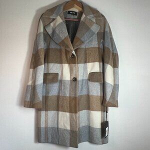 DKNY Checked Wool Blend Women Felt Coat Size Small NWT Plaid Winter Warm Preppy